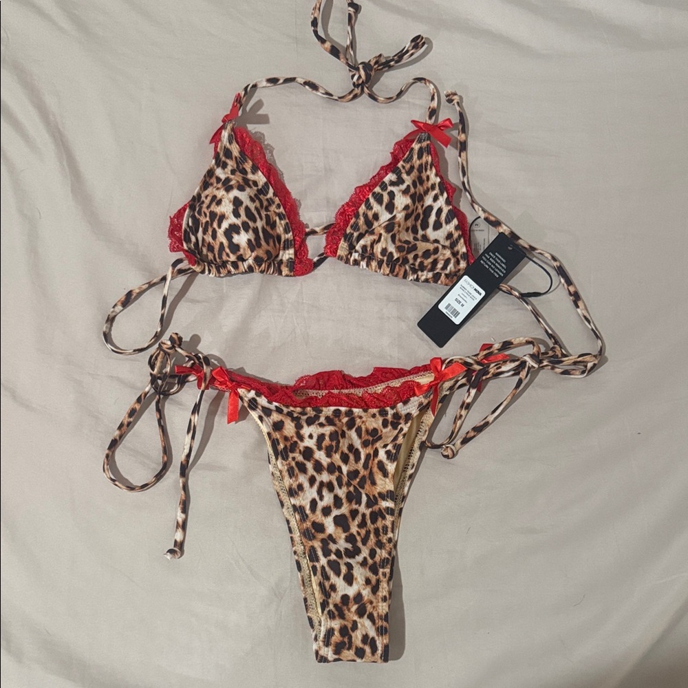 Fashion Nova Leopard Print Bikini with Red Accents